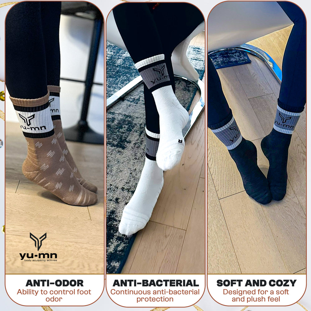 Soft breathable cotton blend YU-MN Crew Socks on model feet
Pack of 3 YU-MN Antibacterial Crew Socks neatly folded