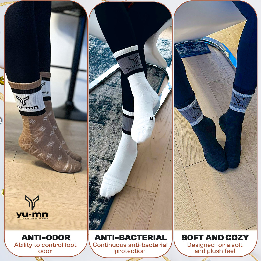 Soft breathable cotton blend YU-MN Crew Socks on model feet
Pack of 3 YU-MN Antibacterial Crew Socks neatly folded
