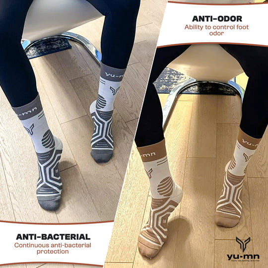 Athlete wearing YU-MN SMART Compression Socks during workout
Travel compression socks with antibacterial and moisture-wicking design